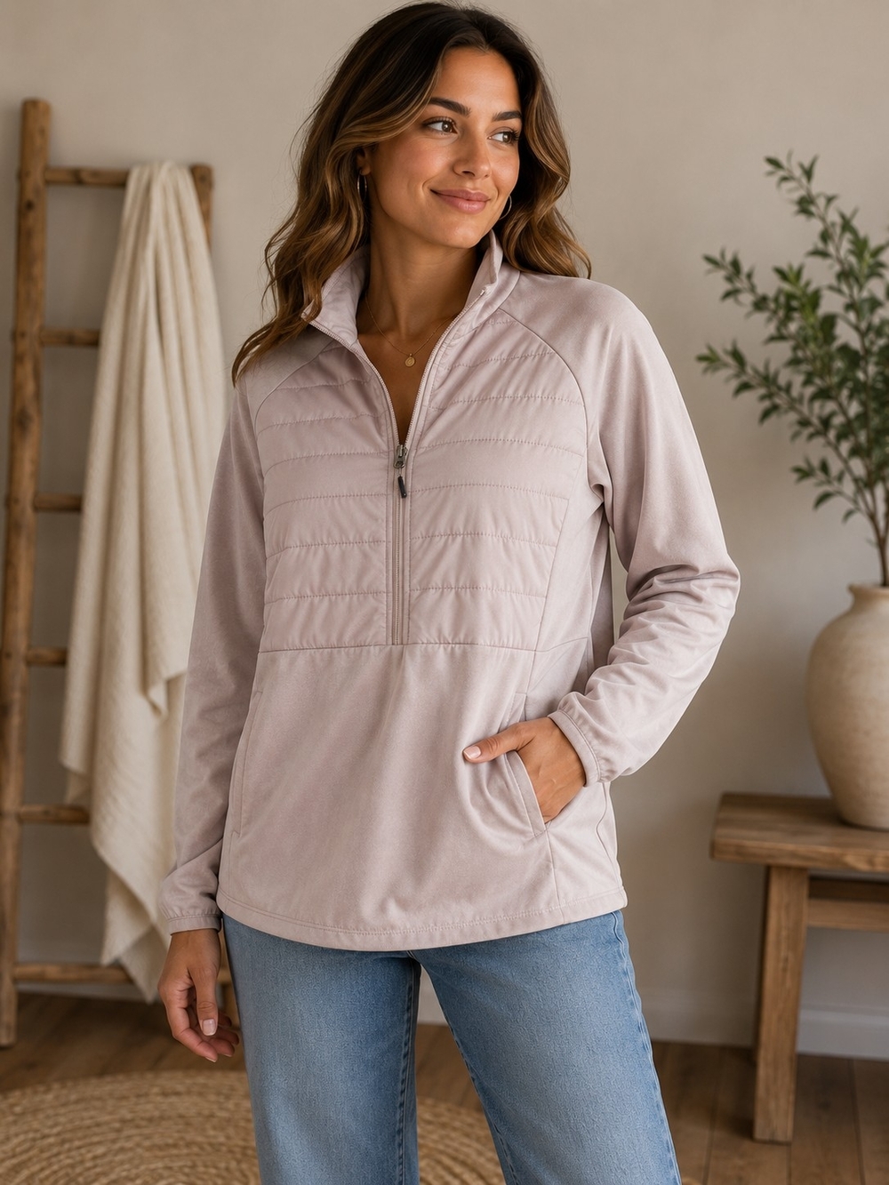 New Balance Women's Quilted Quarter-Zip Pullover in Light Mauve